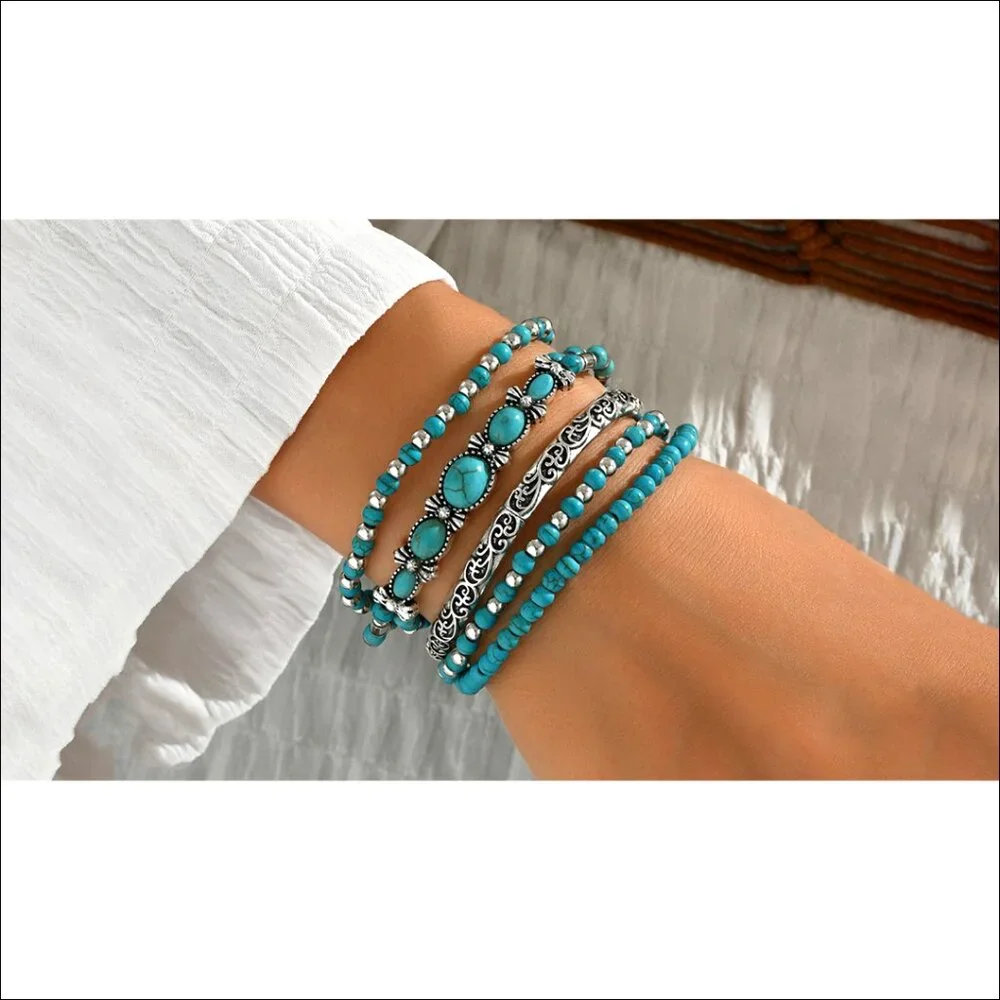 Stretch Turquoise Beaded Bracelet Set, Boho Western Stackable Jewelry - Picture 7 of 7